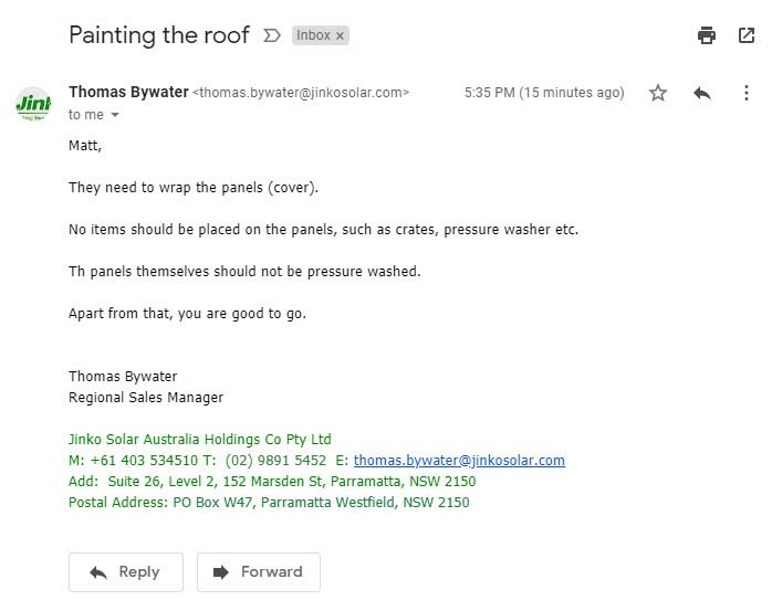 Response from Jinko about Roof Restoration and Solar Panels